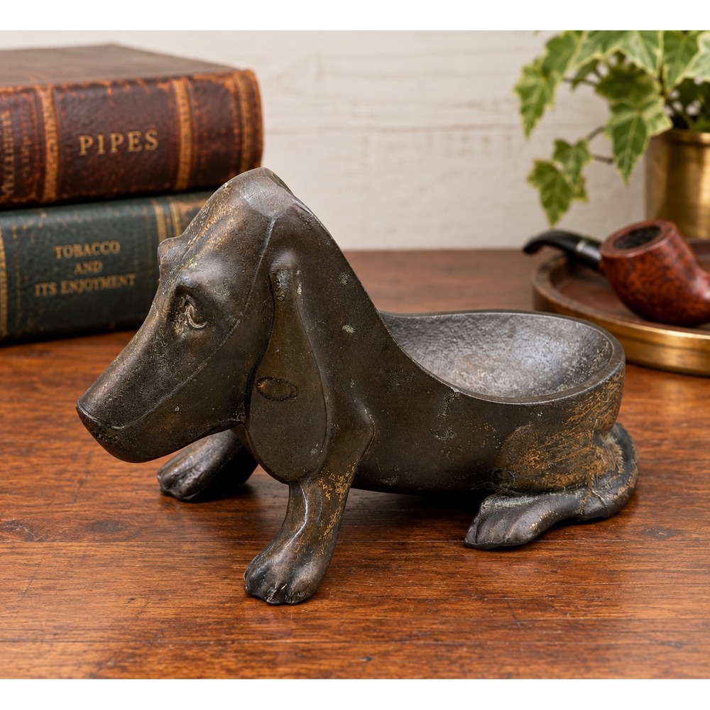 Vintage Cast Iron Basset Hound Dog Pipe Rest Catchall Dish Bronze Metal 6.5in
